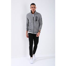 Tommy Life 85149 Gri Melanj Siyah Dik Yaka Yazı Baskılı Standart Kalıp Manşetli Erkek Eşofman Takımı