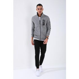 Tommy Life 85149 Gri Melanj Siyah Dik Yaka Yazı Baskılı Standart Kalıp Manşetli Erkek Eşofman Takımı