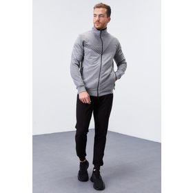 Tommy Life 85151 Gri Melanj-Siyah Erkek Desen Baskılı Standart Kalıp Manşetli Eşofman Takımı