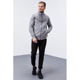 Tommy Life 85151 Gri Melanj-Siyah Erkek Desen Baskılı Standart Kalıp Manşetli Eşofman Takımı