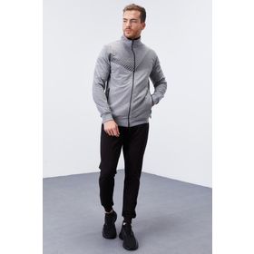 Tommy Life 85151 Gri Melanj-Siyah Erkek Desen Baskılı Standart Kalıp Manşetli Eşofman Takımı