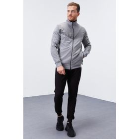 Tommy Life 85151 Gri Melanj-Siyah Erkek Desen Baskılı Standart Kalıp Manşetli Eşofman Takımı