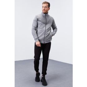 Tommy Life 85151 Gri Melanj-Siyah Erkek Desen Baskılı Standart Kalıp Manşetli Eşofman Takımı
