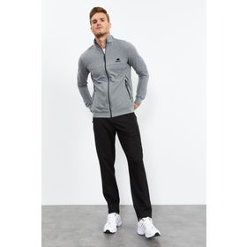 Tommy Life 85152 Gri Melanj Siyah Dik Yaka Fermuarlı Standart Kalıp Klasik Paça Erkek Eşofman Takımı