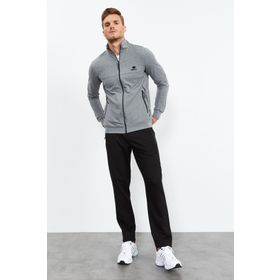 Tommy Life 85152 Gri Melanj Siyah Dik Yaka Fermuarlı Standart Kalıp Klasik Paça Erkek Eşofman Takımı
