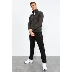 Tommy Life 85152 Haki Siyah Dik Yaka Fermuarlı Standart Kalıp Klasik Paça Erkek Eşofman Takımı