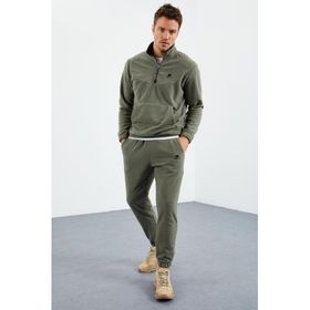 Tommy Life 85159 Gri Melanj Yarım Fermuar Dik Yaka Lastik Paça Polar Erkek Eşofman Takımı