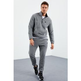 Tommy Life 85159 Gri Melanj Yarım Fermuar Dik Yaka Lastik Paça Polar Erkek Eşofman Takımı