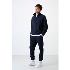 Tommy Life 85159 Lacivert Yarım Fermuar Dik Yaka Lastik Paça Polar Erkek Eşofman Takımı