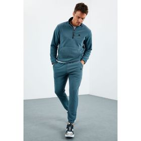 Tommy Life 85159 Orman Yeşil Yarım Fermuar Dik Yaka Lastik Paça Polar Erkek Eşofman Takımı
