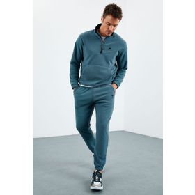 Tommy Life 85159 Orman Yeşil Yarım Fermuar Dik Yaka Lastik Paça Polar Erkek Eşofman Takımı