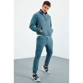 Tommy Life 85159 Orman Yeşil Yarım Fermuar Dik Yaka Lastik Paça Polar Erkek Eşofman Takımı