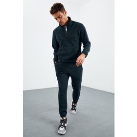 Tommy Life 85159 Orman Yeşil Yarım Fermuar Lastik Paça Polar Erkek Eşofman Takımı