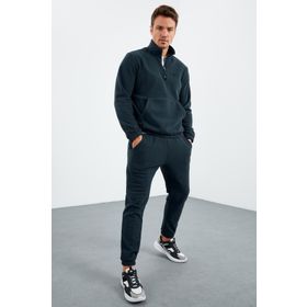 Tommy Life 85159 Orman Yeşil Yarım Fermuar Lastik Paça Polar Erkek Eşofman Takımı