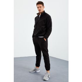 Tommy Life 85159 Yarım Fermuar Dik Yaka Lastik Paça Polar Siyah Erkek Eşofman Takımı
