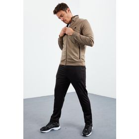 Tommy Life 85162 Camel Siyah Dik Yaka Fermuarlı Standart Kalıp Klasik Paça Erkek Eşofman Takımı