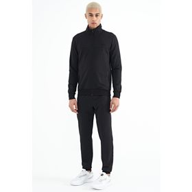 Tommy Life 85178 Açık Melanj Siyah Dik Yaka Fermuarlı Gizli Cepli Jogger Erkek Eşofman Takım