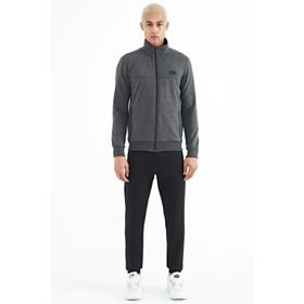 Tommy Life 85178 Açık Melanj Siyah Dik Yaka Fermuarlı Gizli Cepli Jogger Erkek Eşofman Takım
