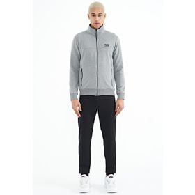 Tommy Life 85178 Gri Melanj - Siyah Dik Yaka Fermuarlı Gizli Cepli Jogger Erkek Eşofman Takım