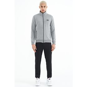 Tommy Life 85178 Gri Melanj - Siyah Dik Yaka Fermuarlı Gizli Cepli Jogger Erkek Eşofman Takım