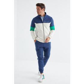 Tommy Life 85186 Ekru - Indigo Dik Yaka Renk Geçişli Baskı Detaylı Standart Kalıp Erkek Eşofman Takımı