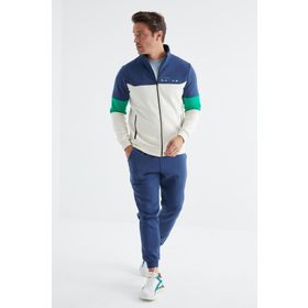 Tommy Life 85186 Ekru - Indigo Dik Yaka Renk Geçişli Baskı Detaylı Standart Kalıp Erkek Eşofman Takımı