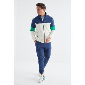 Tommy Life 85186 Ekru - Indigo Dik Yaka Renk Geçişli Baskı Detaylı Standart Kalıp Erkek Eşofman Takımı