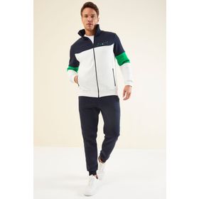 Tommy Life 85186 Ekru - Indigo Dik Yaka Renk Geçişli Baskı Detaylı Standart Kalıp Erkek Eşofman Takımı