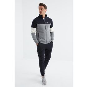 Tommy Life 85186 Gri Melanj - Lacivert Dik Yaka Renk Geçişli Baskı Detaylı Standart Kalıp Erkek Eşofman Takımı