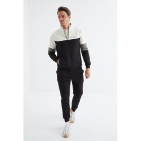 Tommy Life 85186 Siyah Renk Bloklu Minimal Yazı Baskılı Fermuarlı Standart Kalıp Erkek Eşofman Takımı