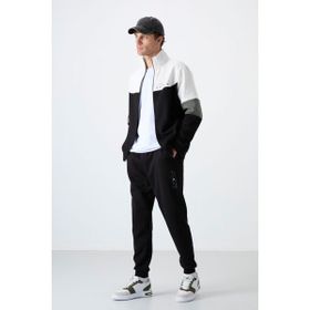 Tommy Life 85186 Siyah Renk Bloklu Minimal Yazı Baskılı Fermuarlı Standart Kalıp Erkek Eşofman Takımı