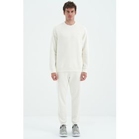 Tommy Life 85190 Ekru O Yaka Rahat Kalıp Şardonlu Basic Jogger Erkek Eşofman Takımı