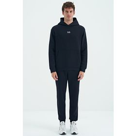 Tommy Life 85192 Lacivert Kapüşonlu Kanguru Cepli Rahat Kalıp Şardonlu Jogger Erkek Eşofman Takımı