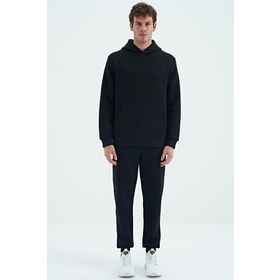 Tommy Life 85192 Siyah Kapüşonlu Kanguru Cepli Rahat Kalıp Şardonlu Jogger Erkek Eşofman Takımı