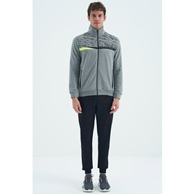 Tommy Life 85197 Gri Melanj Siyah Dik Yaka Baskı Detaylı Standart Kalıp Erkek Eşofman Takımı
