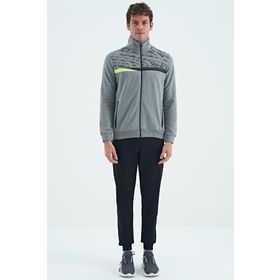 Tommy Life 85197 Gri Melanj Siyah Dik Yaka Baskı Detaylı Standart Kalıp Erkek Eşofman Takımı
