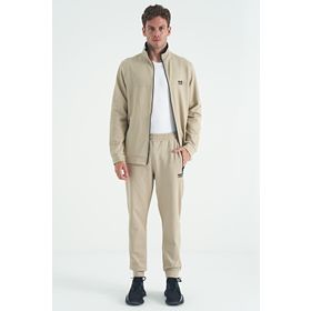 Tommy Life 85198 Bej Dik Yaka Fermuarlı Jogger Rahat Form Erkek Eşofman Takımı