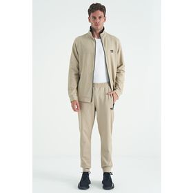 Tommy Life 85198 Bej Dik Yaka Fermuarlı Jogger Rahat Form Erkek Eşofman Takımı