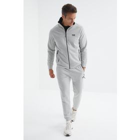 Tommy Life 85198 Gri Melanj Dik Yaka Fermuarlı Jogger Rahat Form Erkek Eşofman Takımı
