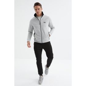 Tommy Life 85198 Gri Melanj Siyah Dik Yaka Fermuarlı Jogger Rahat Form Erkek Eşofman Takım
