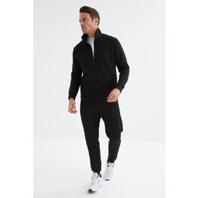 Tommy Life 85198 Gri Melanj Siyah Dik Yaka Fermuarlı Jogger Rahat Form Erkek Eşofman Takım