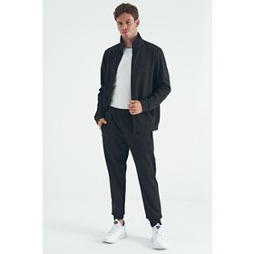Tommy Life 85198 Koyu Gri Dik Yaka Fermuarlı Jogger Rahat Form Erkek Eşofman Takımı