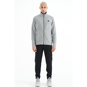 Tommy Life 85201 Gri Melanj - Siyah Logo Nakışlı Dik Yaka Fermuarlı Gizli Cep Detaylı Erkek Eşofman Takım