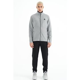 Tommy Life 85201 Gri Melanj - Siyah Logo Nakışlı Dik Yaka Fermuarlı Gizli Cep Detaylı Erkek Eşofman Takım