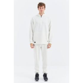Tommy Life 85222 Ekru Kapüşonlu Yarım Fermuarlı Cep Detaylı Erkek Eşofman Takımı