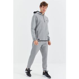 Tommy Life 85222 Gri Melanj Kapüşonlu Yarım Fermuarlı Cep Detaylı Erkek Eşofman Takımı