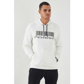 Tommy Life 87839 Ekru Nakışlı Kanguru Cep Standart Kalıp Kapüşonlu Erkek Sweatshirt