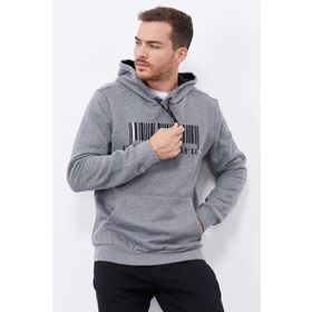 Tommy Life 87839 Gri Melanj Erkek Nakışlı Kanguru Cep Standart Kalıp Kapüşonlu Sweatshirt