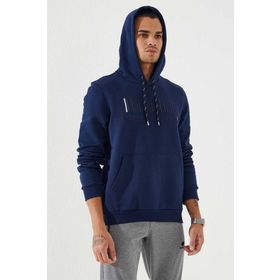 Tommy Life 87839 İndigo Nakışlı Kanguru Cep Standart Kalıp Kapüşonlu Erkek Sweatshirt