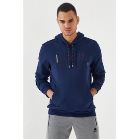 Tommy Life 87839 İndigo Nakışlı Kanguru Cep Standart Kalıp Kapüşonlu Erkek Sweatshirt